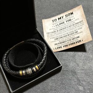 40.  To My Son Black Leather Bracelet With Box